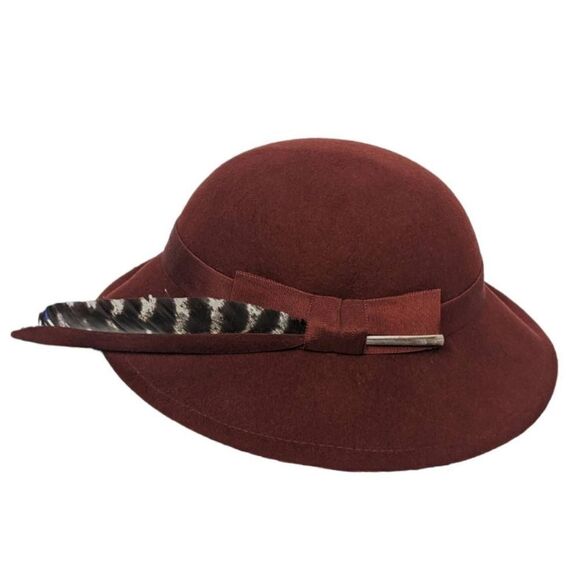 Chelton Cloche Hat Adult Medium Red Burgundy Feather Detail Vintage Flapper - Picture 5 of 12